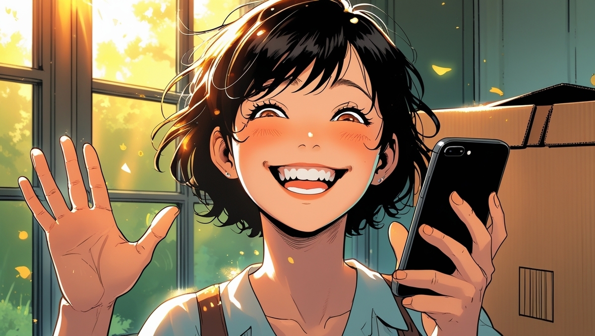 A young woman bursting with happiness as she receives good news on her smartphone, sunshine streaming in and pure excitement glowing on her smiling face.