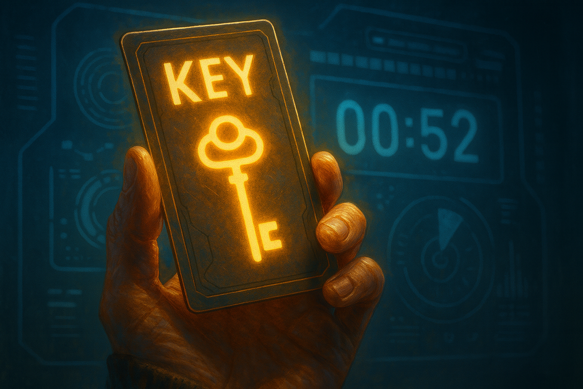 A glowing futuristic key card held tightly in a hand, intense anticipation and curiosity shining in the background, digital countdown and dramatic lighting creating a sense of destiny and new beginnings.