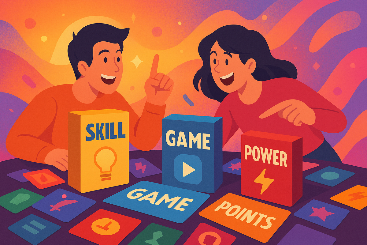 Two excited gamers pointing and smiling at colorful game boxes, vibrant and joyful atmosphere filled with discovery, passion, and a sense of adventure.