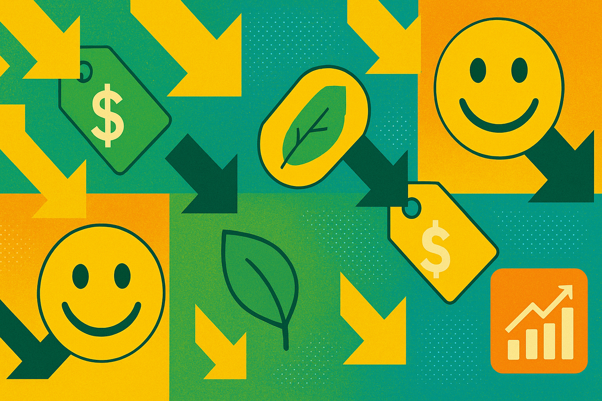 A cheerful infographic with smiling faces, price tags, leaves, and upward arrows, bursting with hope, optimism, savings, and a feeling of eco-friendly happiness.