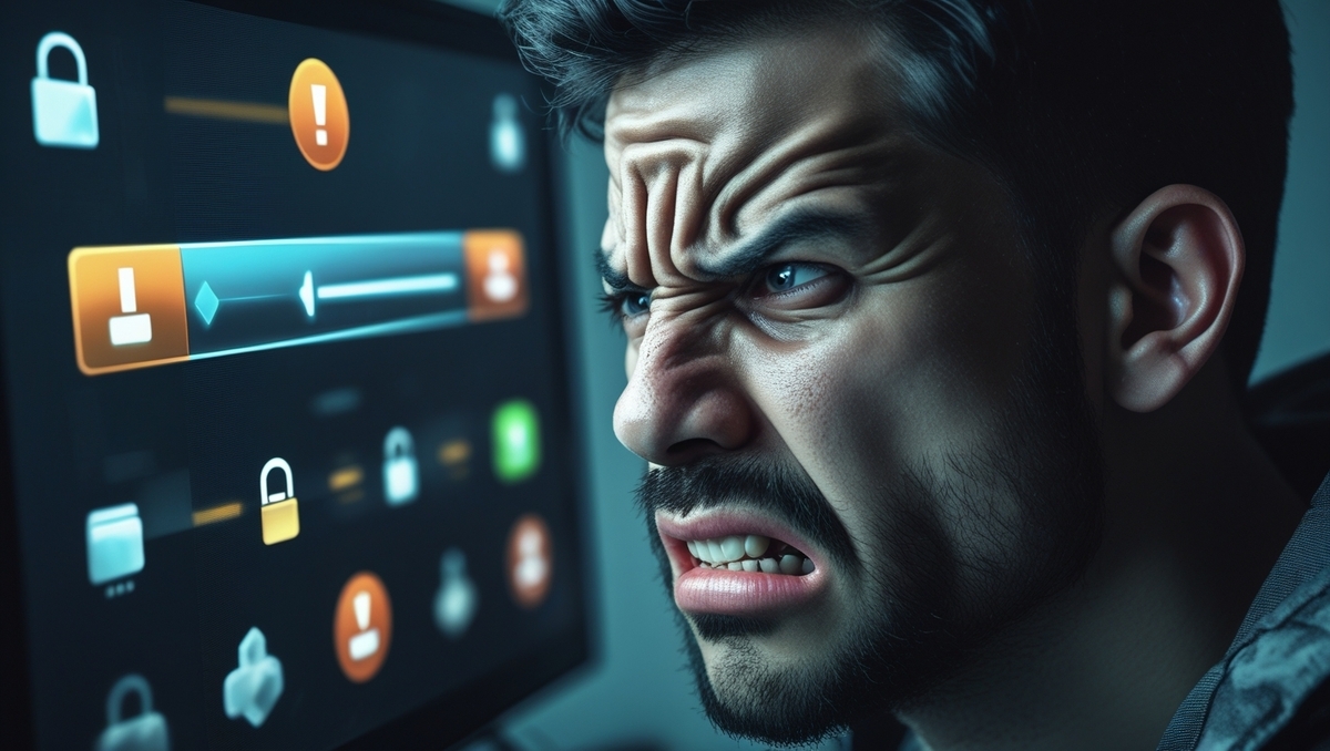 A gamer clenching his teeth in frustration while glaring at a warning-filled digital progress bar, raw emotion of tension, anger, and desperation about system errors.