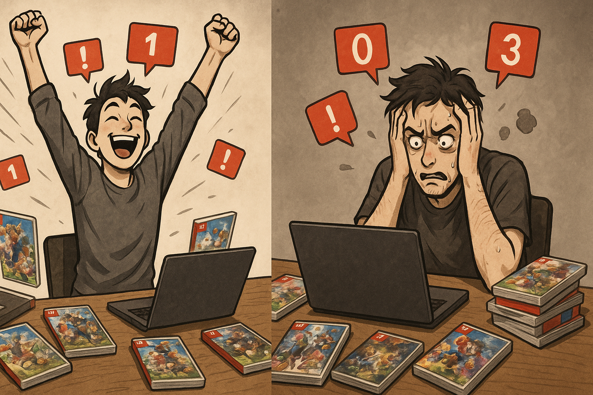 A joyful person celebrating with raised arms and a wide smile next to a devastated person clutching their head in disbelief, surrounded by game boxes and laptops. This vibrant scene vividly contrasts the ecstatic triumph of winning with the soul-crushing disappointment of loss, overflowing with hope, frustration, and emotional intensity.