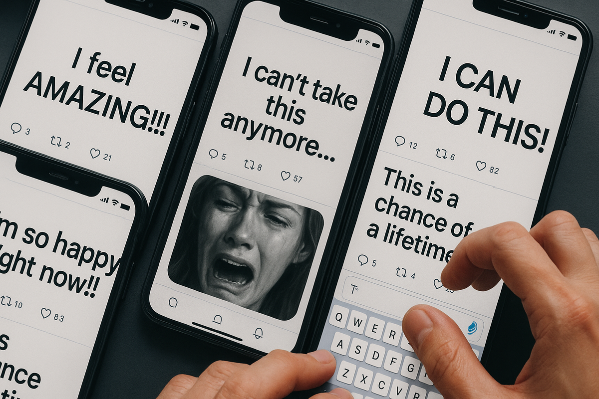 Close-up of multiple smartphones displaying raw, emotional social media posts—joy, despair, determination, and hope radiate from the screens. Human hands typing and a tearful face emphasize the rollercoaster of feelings shared online. This image overflows with vulnerability, resilience, and the power of community stories.