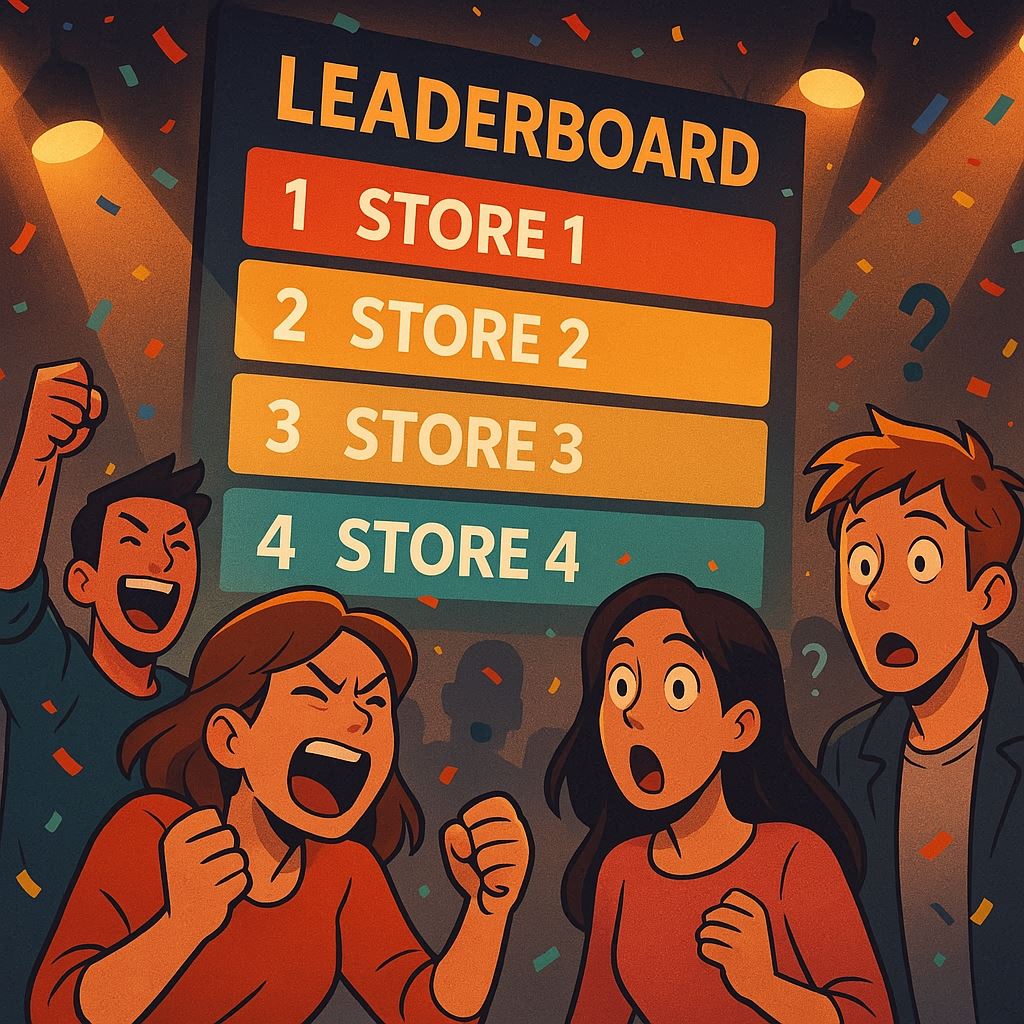 An animated leaderboard ignites fierce competition and surprise among a group of cheering and stunned people, confetti swirling in the air. The electric atmosphere crackles with excitement, rivalry, and anticipation, perfectly capturing the high-stakes thrill of victory and the heartbreak of defeat.