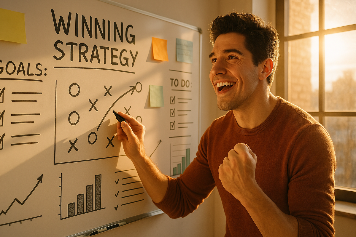 A determined person beams with hope and excitement, passionately mapping out a winning strategy on a whiteboard filled with goals and charts. Sunlight pours in, illuminating the room with ambition, confidence, and unstoppable energy—a visual story of dreams, planning, and the pursuit of success.