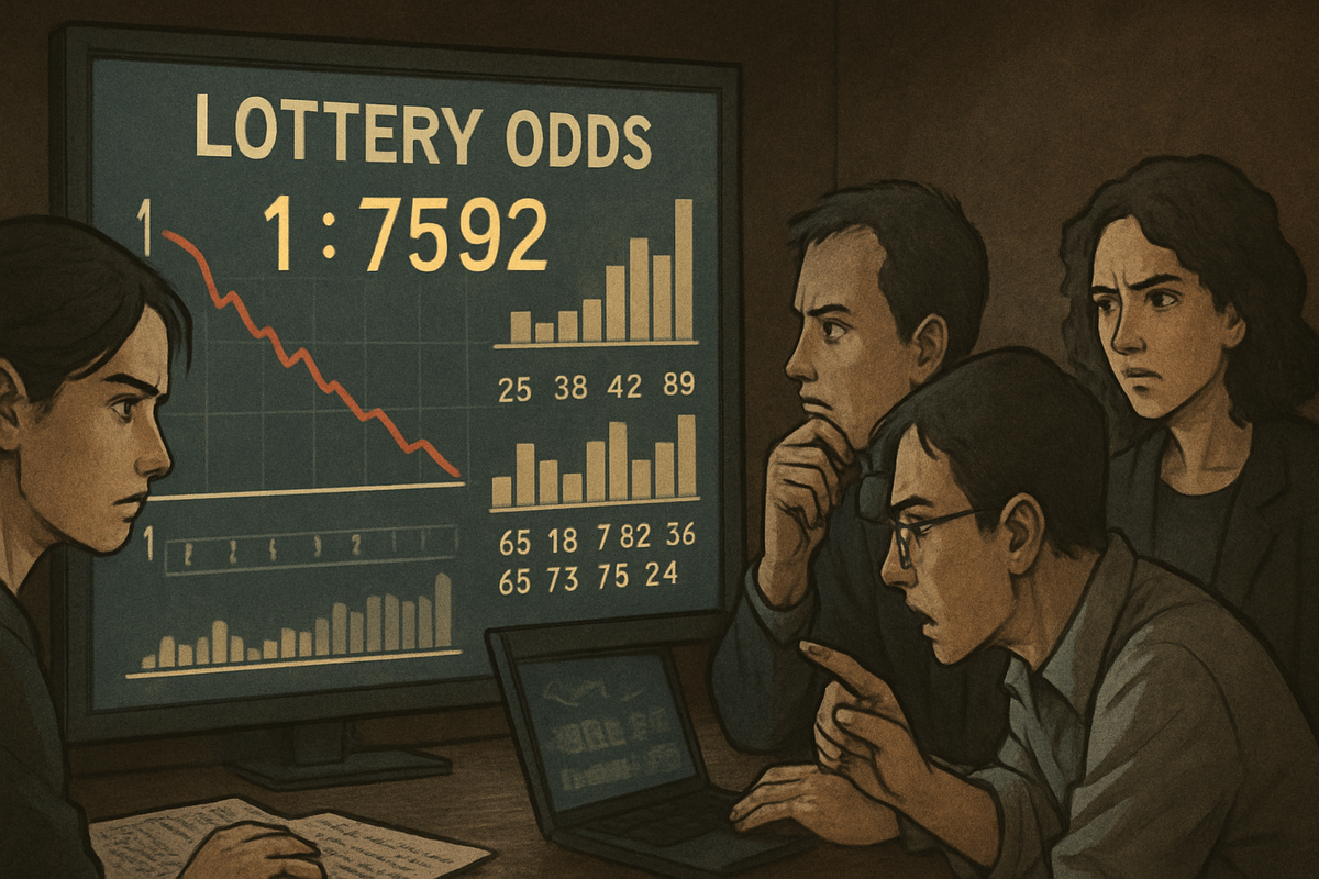 A focused team intensely analyzing dramatic lottery odds and graphs on a large screen, their faces filled with determination, tension, and the deep curiosity of chasing the truth behind impossible numbers. Pure analytical emotion and suspense.