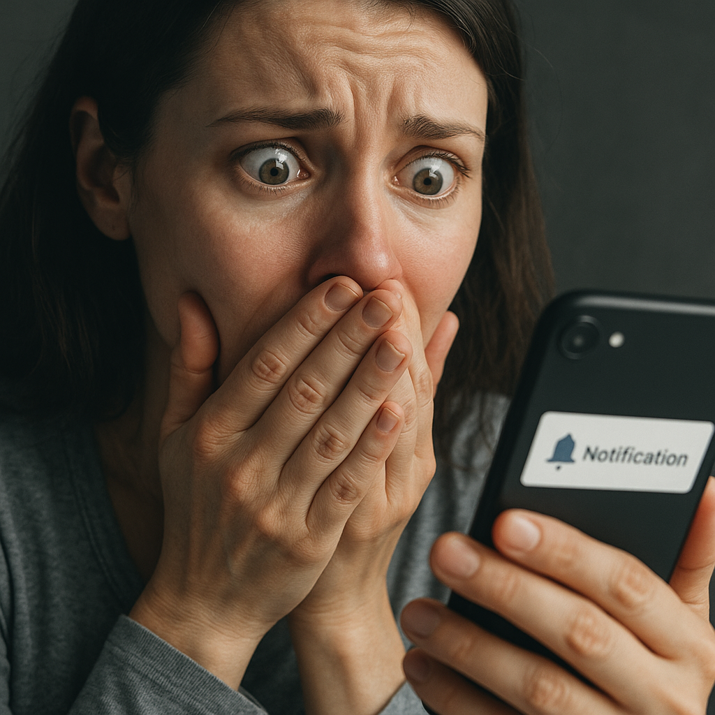 A woman staring at her phone in utter shock, hands covering her mouth, her eyes wide with disbelief and overwhelming emotion. The instant her life pivots on a single notification, overflowing with vulnerability, hope, and the raw pulse of anticipation.