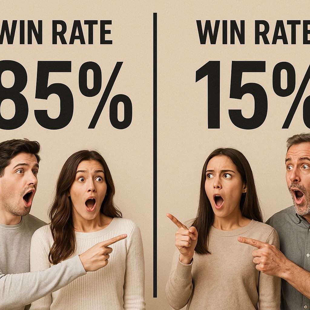 Two groups of people pointing at shockingly different win rates, faces filled with amazement and disbelief. The image captures the emotional clash between hope and frustration, the dramatic impact of chance, and the power of statistical fate.