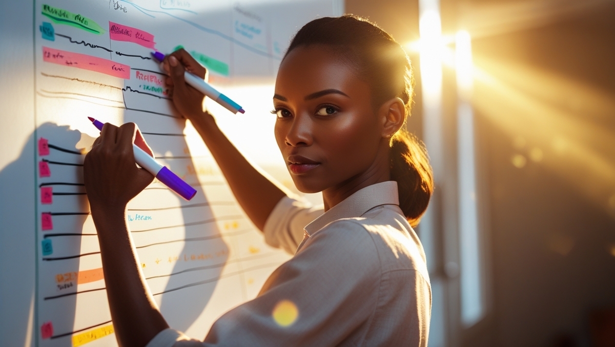 A determined woman standing in golden sunlight, crafting a bold strategy on a whiteboard with vibrant markers, her focused eyes burning with hope, ambition, and unshakable confidence. The moment radiates inspiration, resilience, and the pursuit of victory.