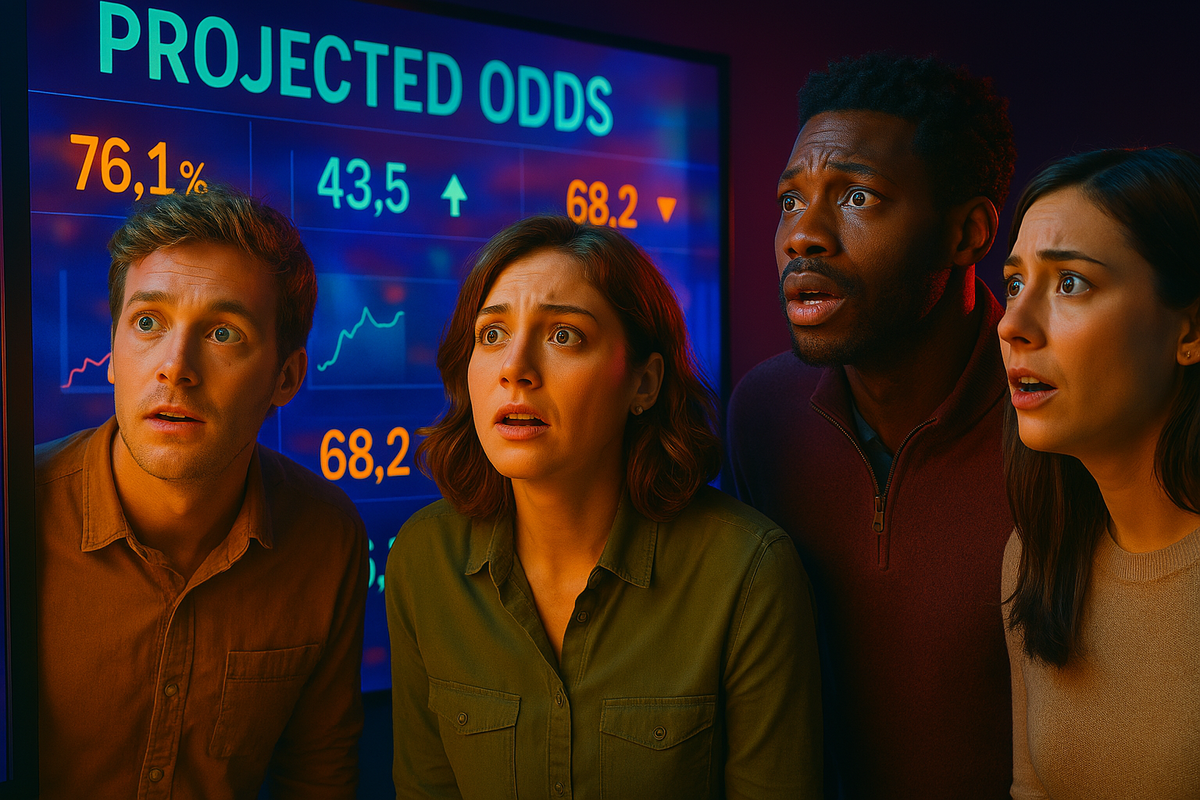 A group of people anxiously gazing at a vibrant display of projected odds and colorful charts, their faces a vivid mix of hope, tension, and suspense. The image radiates uncertainty, anticipation, and the emotional turbulence of chasing possibility.
