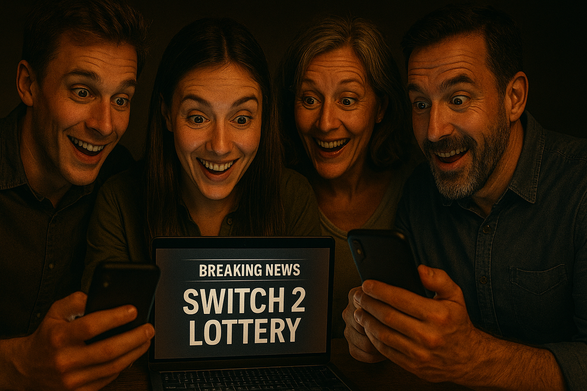 A family of four gathered in a dark room, faces bursting with joy and excitement as they receive breaking news about the Switch 2 lottery. The atmosphere radiates pure anticipation, happiness, and the thrill of hope fulfilled.