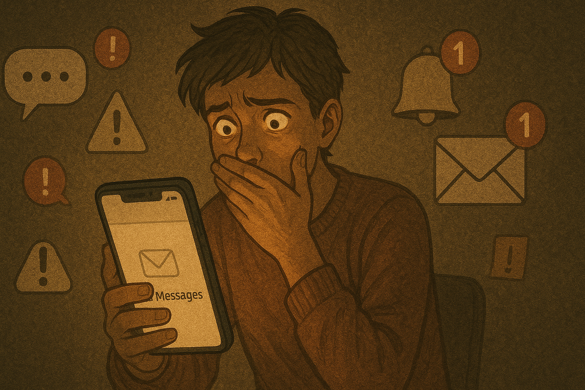 A worried boy staring at his phone, surrounded by urgent notifications and exclamation marks, hand over his mouth in suspense. The image captures raw anxiety, anticipation, and the emotional tension of waiting for life-changing news.