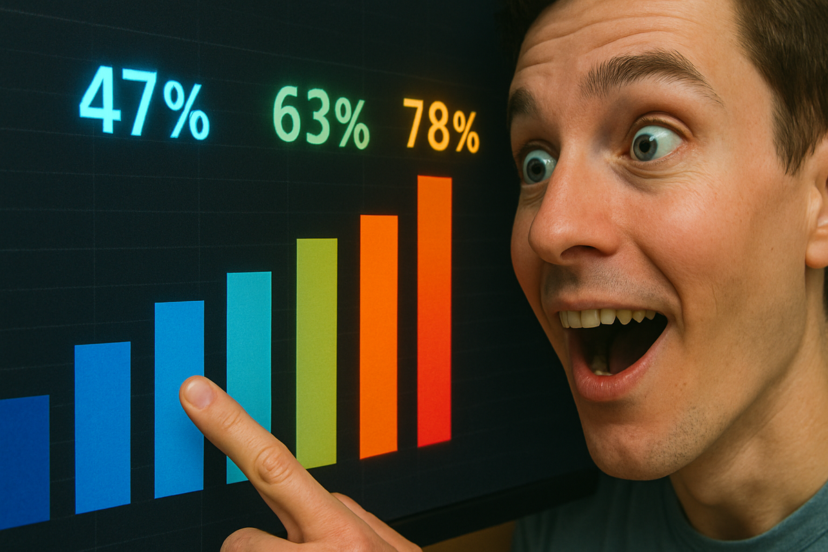 A man pointing excitedly at a colorful, rapidly rising bar chart on a digital screen, his face lit up with astonishment and delight. The moment is full of surprise, hope, and the electric energy of good news.
