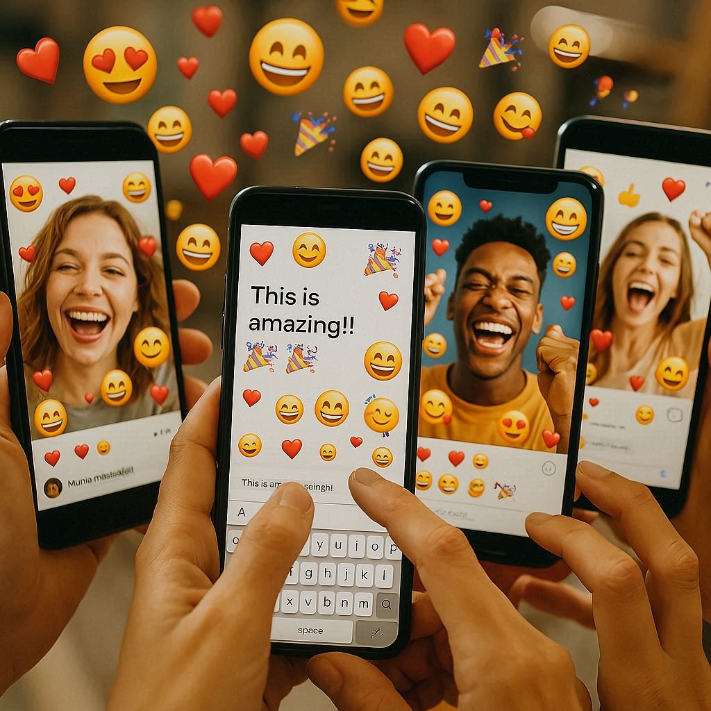 Hands holding smartphones overflowing with joyful emojis and ecstatic social posts, diverse faces smiling and celebrating in a burst of viral happiness. The scene is vibrant, emotional, and buzzing with contagious positivity.