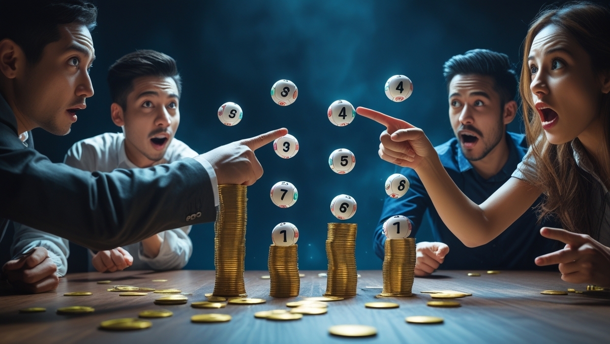 A dramatic group of friends pointing at floating lottery balls over stacks of gold coins, their faces wide-eyed with shock and fascination. The scene radiates suspense, surprise, and the high-stakes excitement of lottery odds.