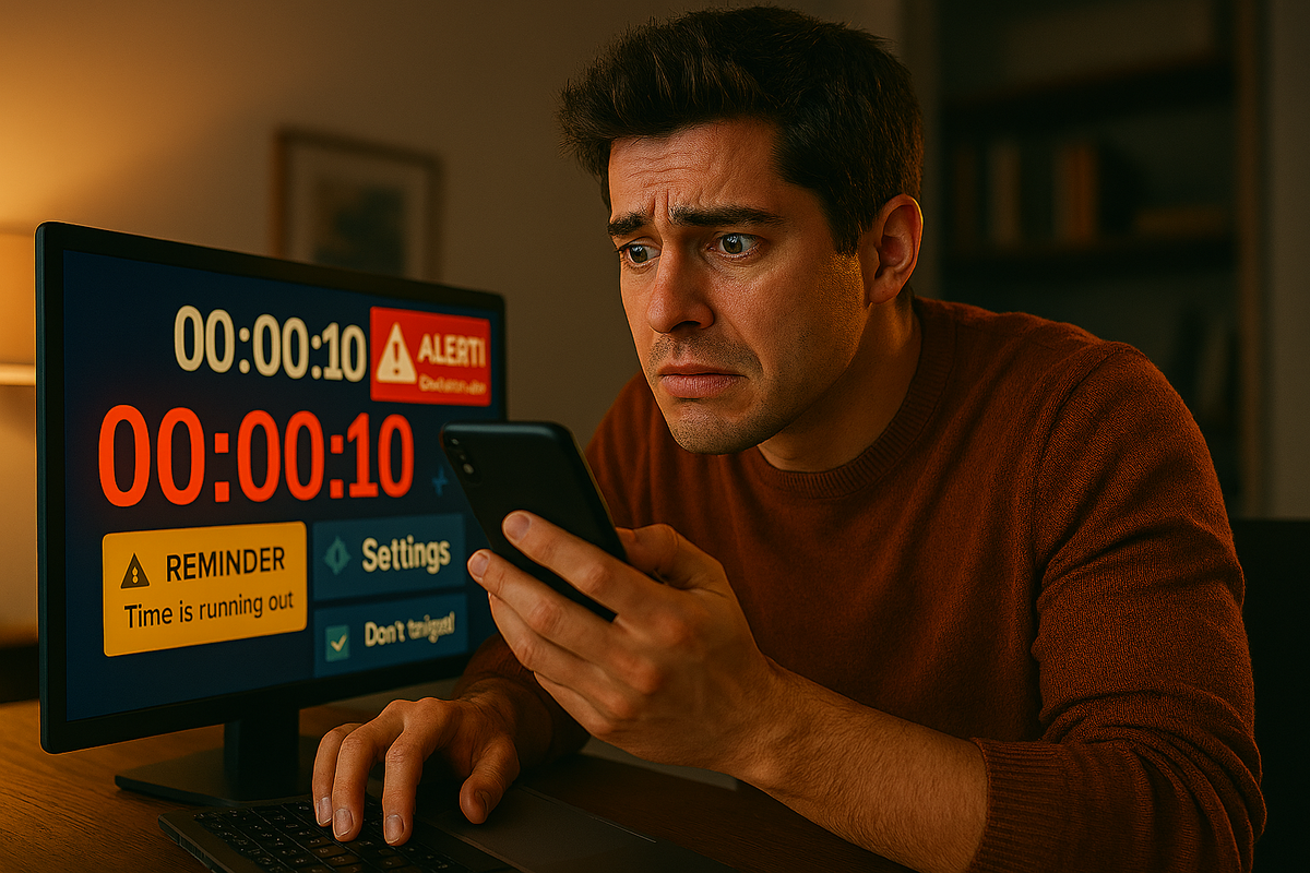 A man anxiously watching a countdown timer and urgent reminders on his computer screen, holding his phone with a worried expression. The atmosphere crackles with tension, time pressure, and the fear of missing a crucial moment.