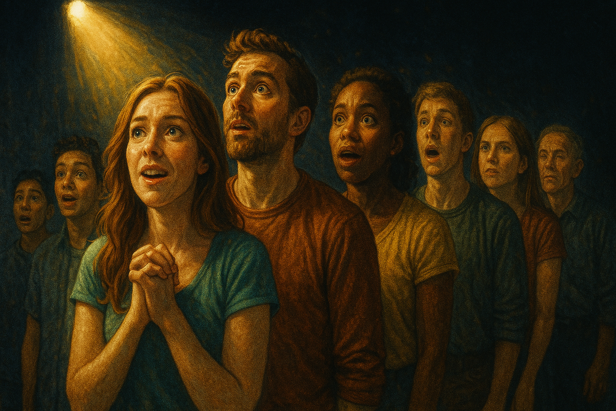 A hopeful group of people standing together, faces full of anticipation and nerves, illuminated by a single spotlight, capturing the tension and dreams of the moment before the results are announced, overflowing with emotion and unity.