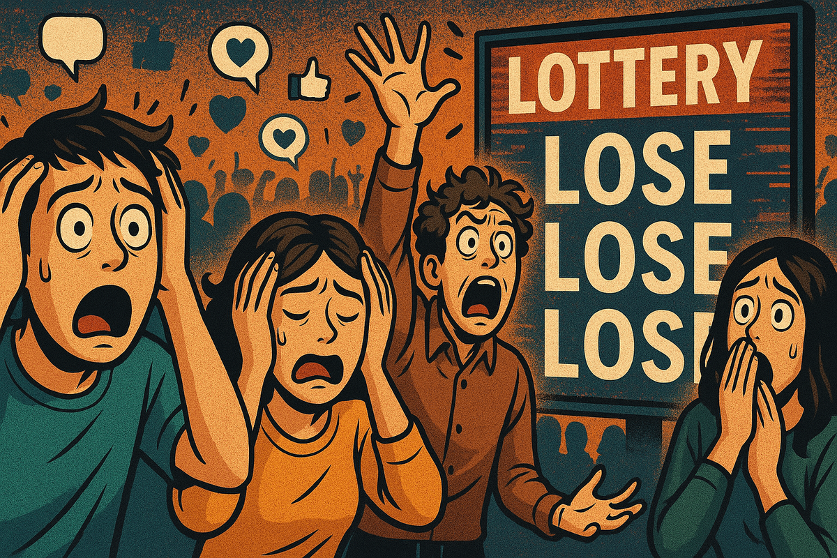 Cartoon-style crowd panicking and despairing in front of a giant “LOTTERY LOSE LOSE LOSE” sign, shocked faces, hands on heads, atmosphere of overwhelming disappointment and emotional chaos, vivid expressions of frustration and disbelief.