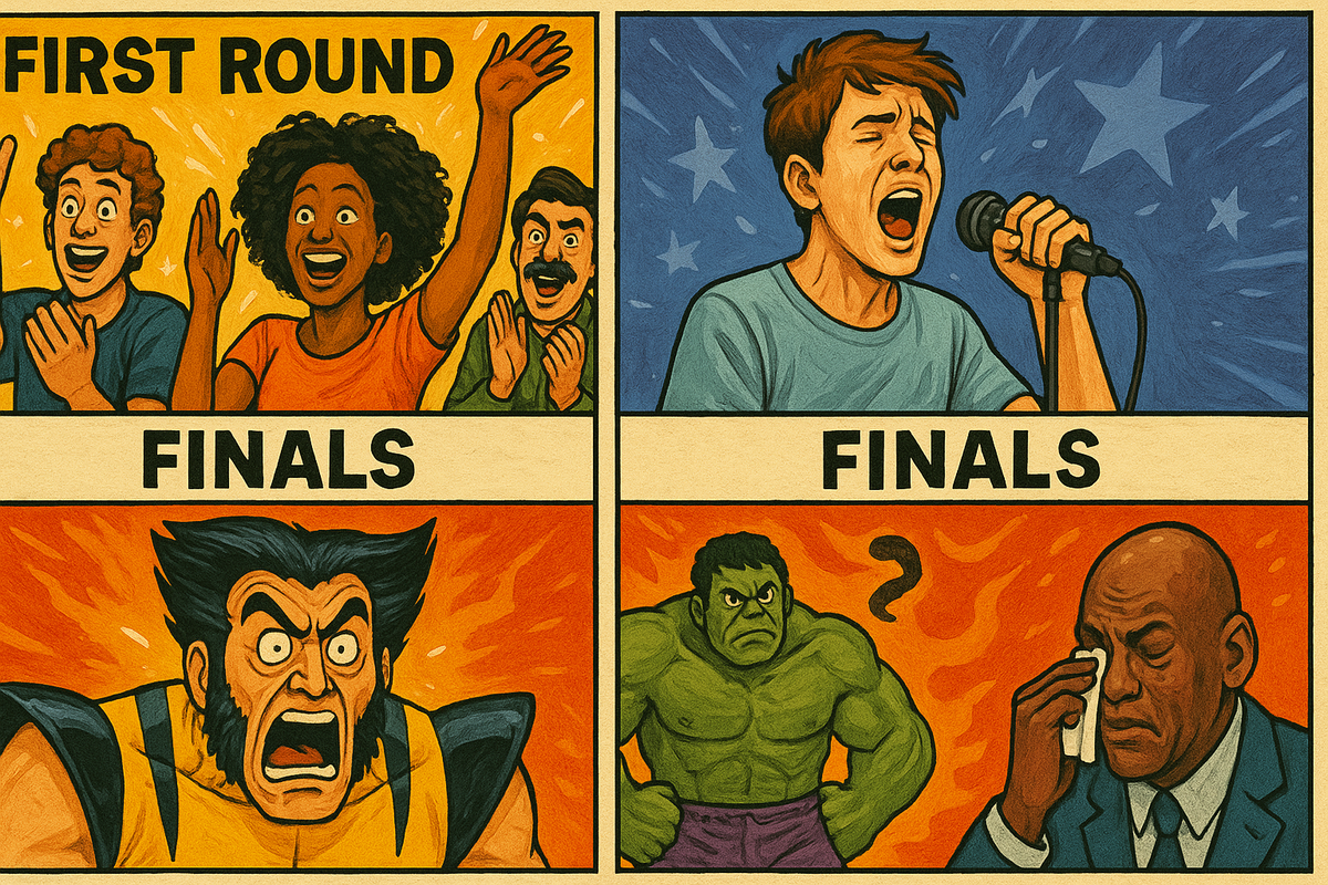 Comic panel showing “FIRST ROUND” and “FINALS” with characters joyfully celebrating, nervously performing, and dramatically reacting, using pop culture humor, highlighting the rollercoaster of emotions and drama of the Switch2 audition meme trend.