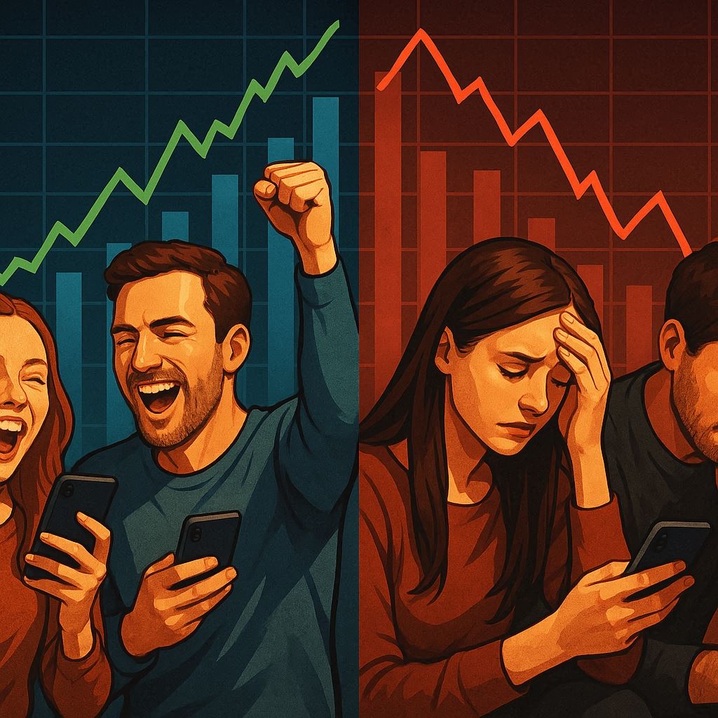 Split-screen of two groups, one euphoric with victory, cheering in front of rising green graph, the other dejected and worried by falling red graph, visualizing the emotional highs and lows of social media trends and lottery results, charged with empathy and energy.