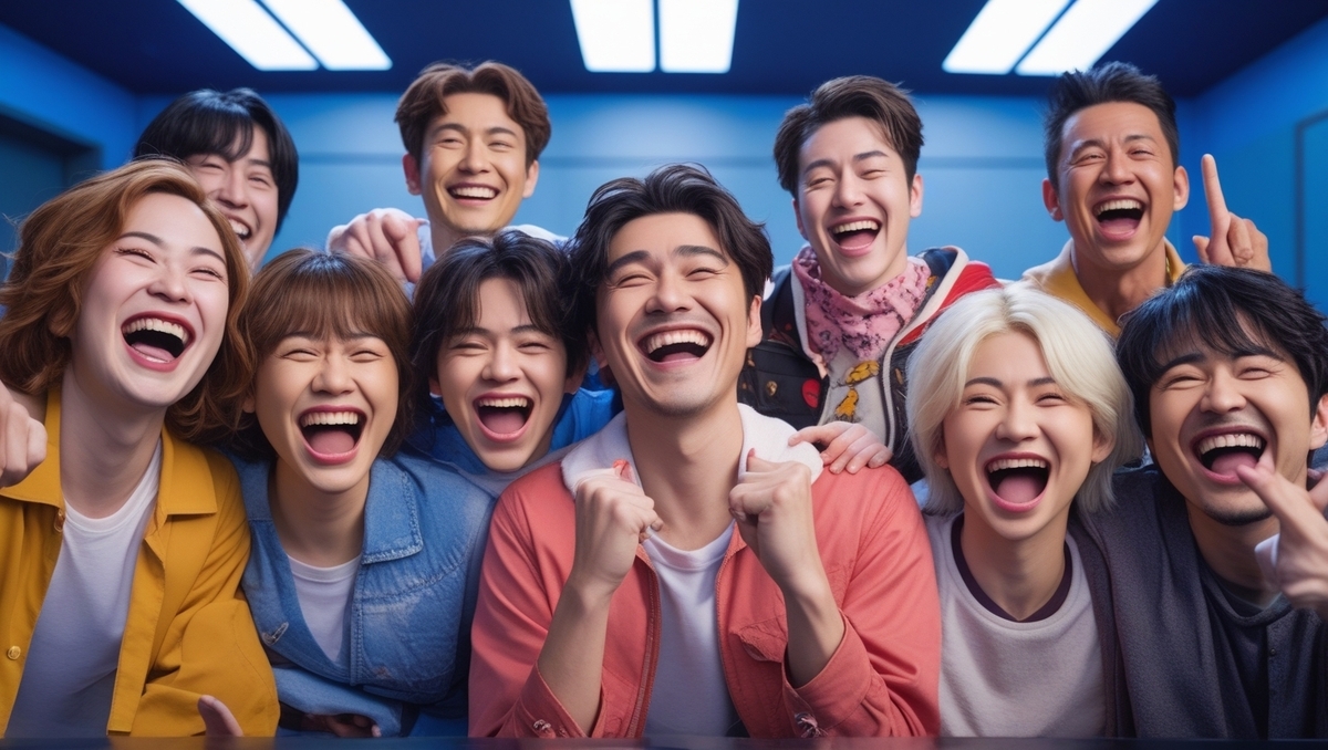A group of friends bursting into uncontrollable laughter in a bright room, all smiling widely, radiating positive energy, joy, and genuine connection, capturing the infectious delight of meme culture and shared victory.
