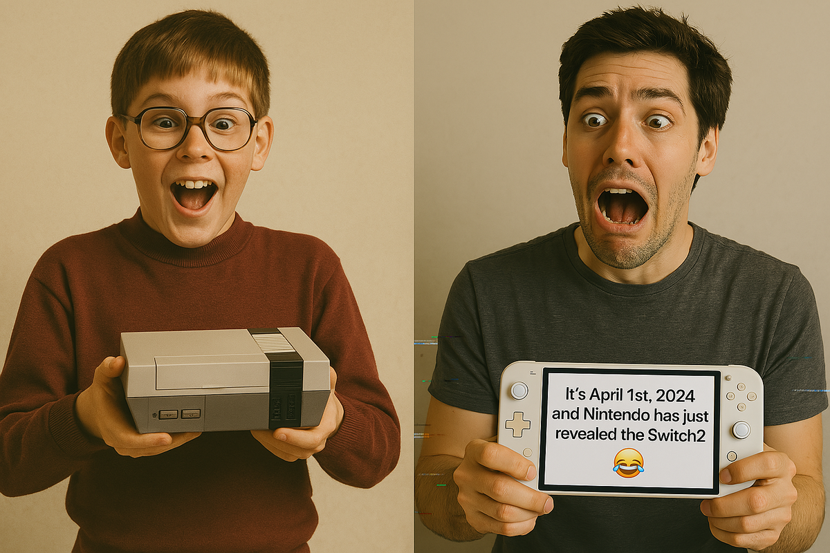 Two people side by side, one holding a retro game console and beaming with nostalgic excitement, the other surprised by a modern handheld, text on the screen about Nintendo Switch2 reveal, blending nostalgia, shock, and humor for maximum emotional impact.