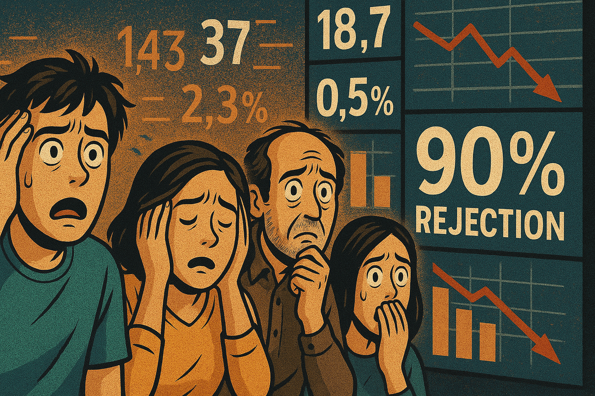 A cartoon family reacts in utter disbelief to the announcement of a 90% rejection rate, with numbers and charts emphasizing the overwhelming odds and sense of hopelessness.