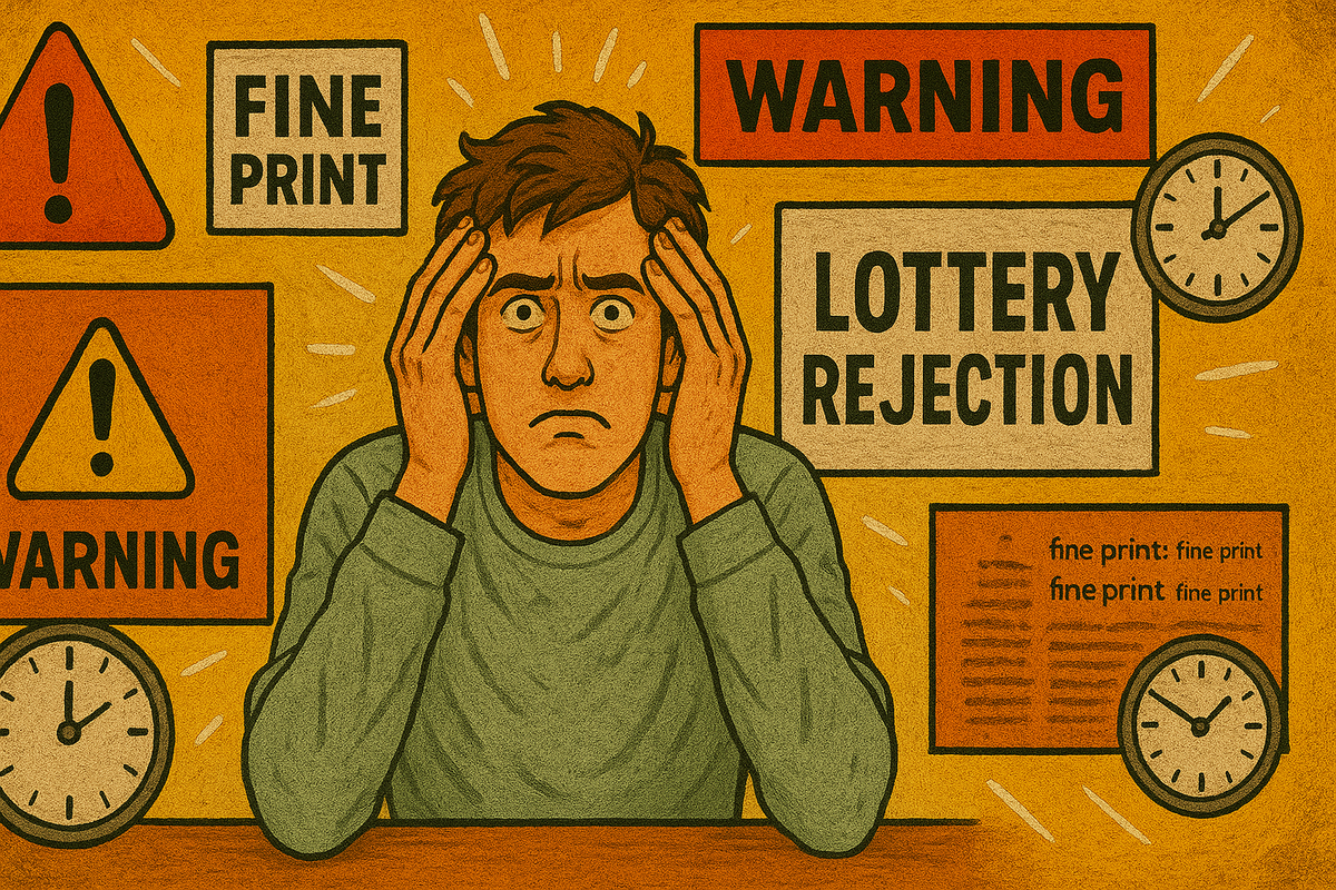 A stressed person is surrounded by warnings and fine print, showing the frustration and anxiety that come from navigating confusing lottery rules and hidden traps.