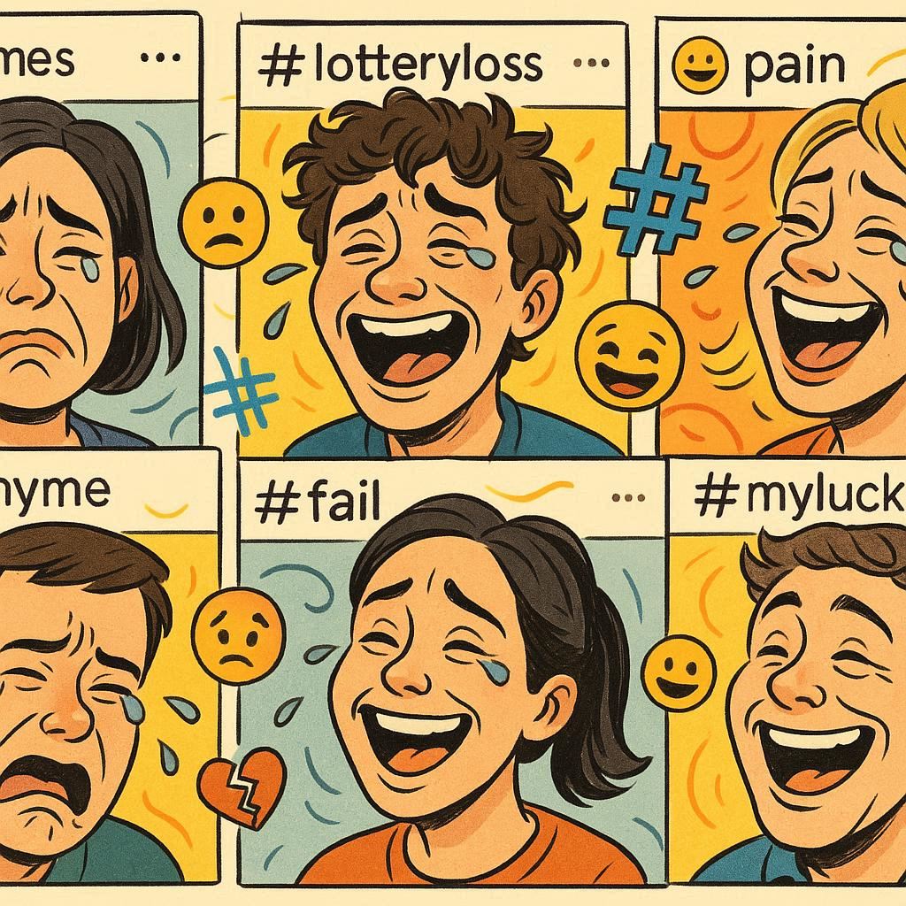 A collage of social media posts shows people laughing through tears, using hashtags to share both pain and humor, creating a viral sense of community around lottery losses.