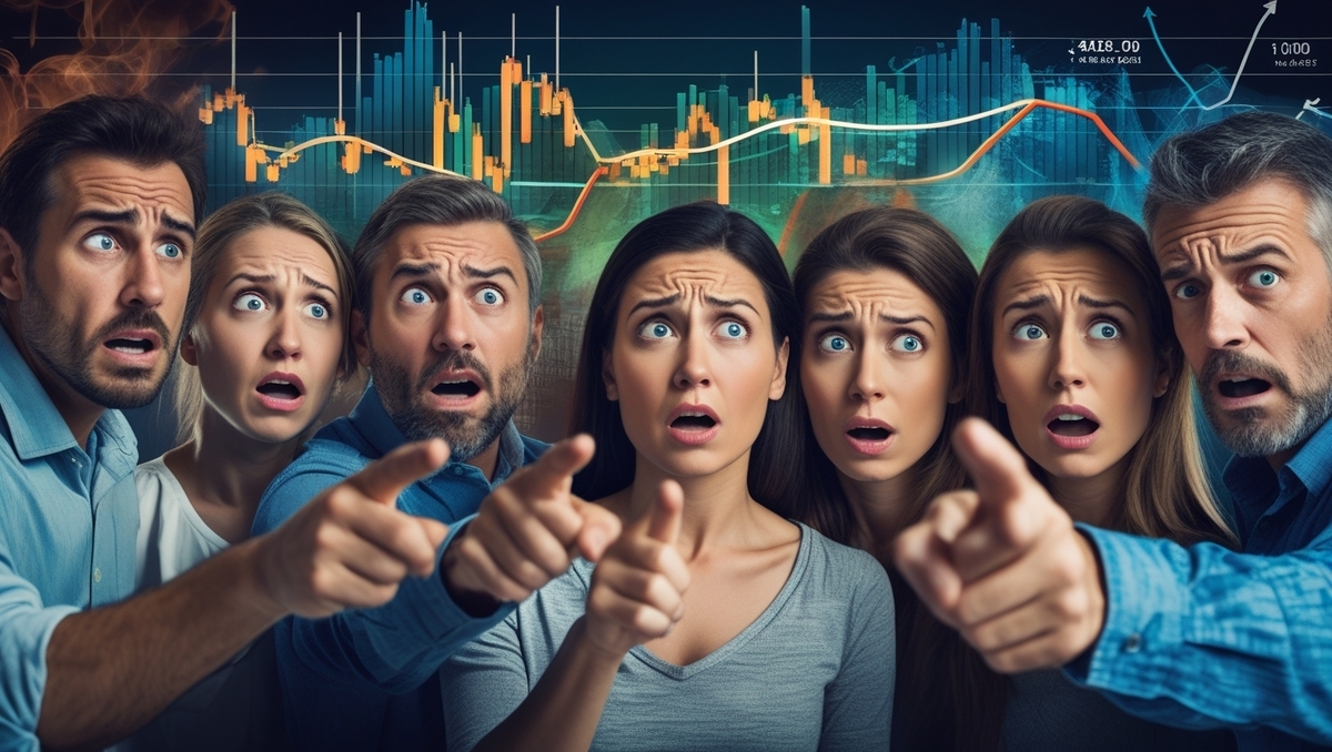 A group of people point in shock at wild, fluctuating graphs on a screen, reflecting the rollercoaster of emotions and surprise that comes with every Switch2 lottery trend.