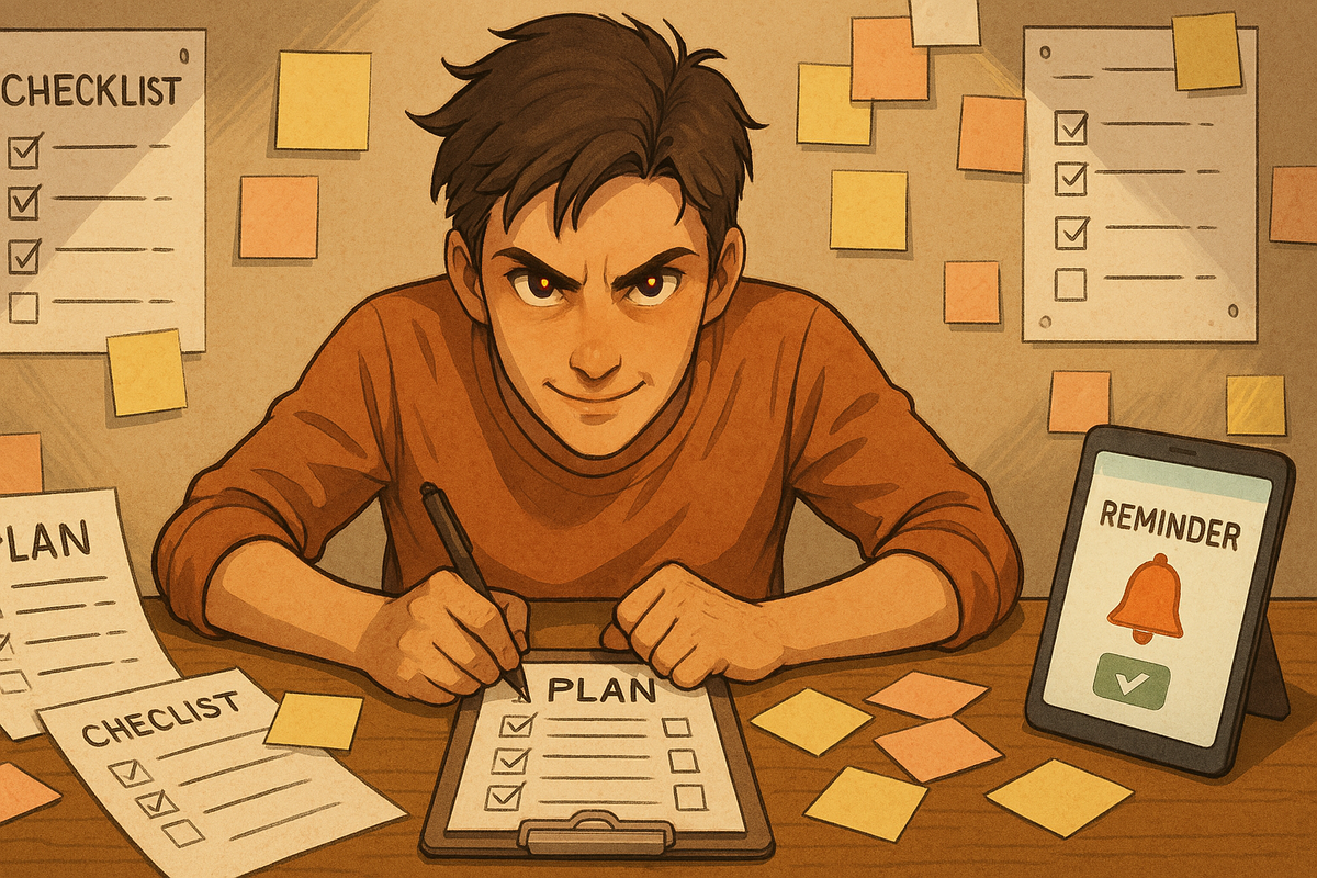 A determined person sits at a desk, confidently checking off a plan on their checklist, filled with hope and strategy for beating the odds in the next Switch2 lottery challenge.