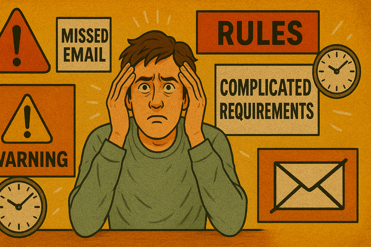 A stressed person surrounded by warning signs, clocks, and lost email notifications, holding their head in frustration and confusion, visually expressing the anxiety of missing details and strict rules. The overwhelming confusion and frustration of complicated rules—showing how missed emails and tight deadlines can crush your hopes.