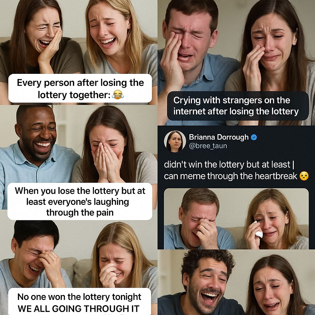 A collage of friends laughing and crying together over lottery losses, sharing memes and jokes to cope with the pain, blending tears and laughter in a viral, relatable moment. The bittersweet camaraderie of laughing and crying together after losing—finding healing in memes and community, even through heartbreak.