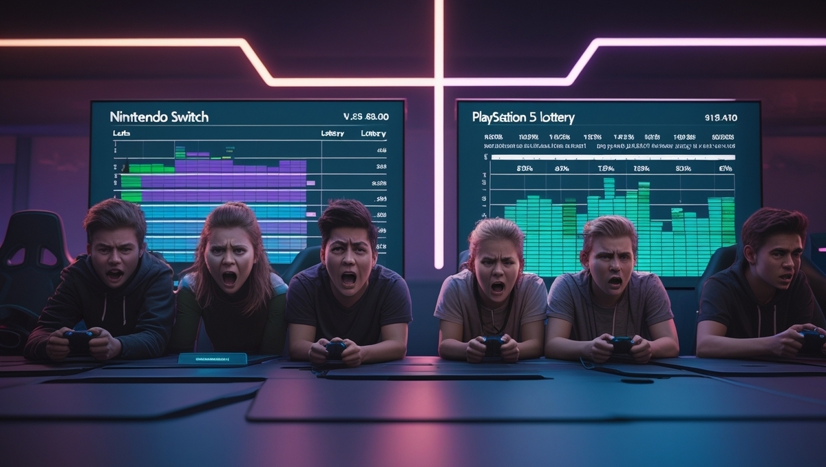 A group of intense gamers comparing lottery odds and win rates between Nintendo Switch and PS5, emotions ranging from shock to determination, with charts glowing in the background. That tense moment of comparing impossible odds—gamers facing harsh reality but refusing to give up, captured in an electrifying atmosphere.