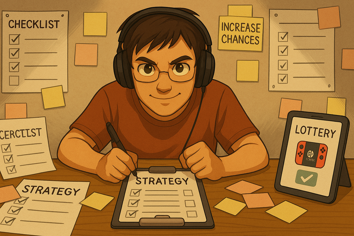 A determined person in headphones focused on a detailed checklist and strategy board for the lottery, surrounded by sticky notes and planning materials, radiating focus and hope. The determined energy of someone planning every step—fighting the odds with strategy and hope, refusing to give in to discouragement.