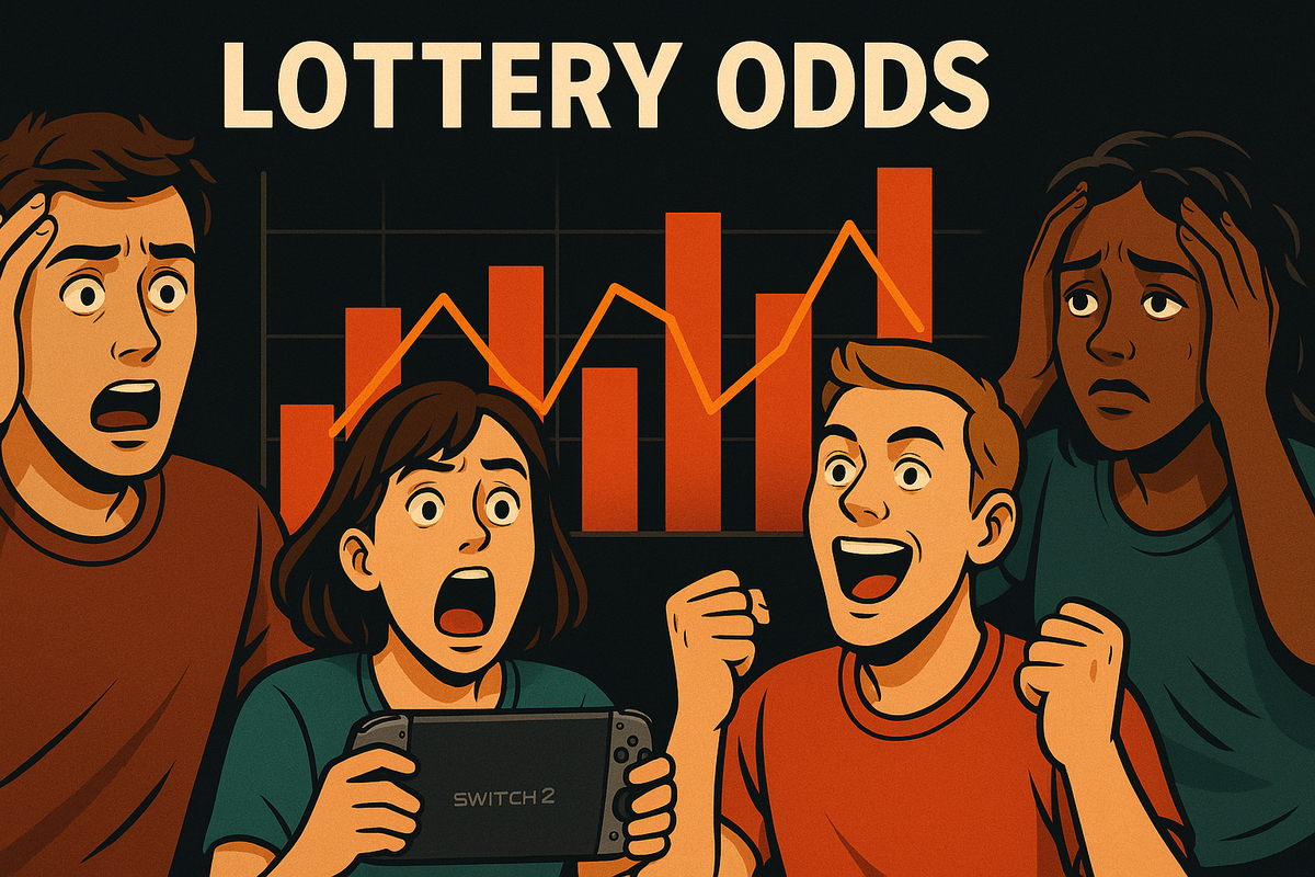 A group of people reacting emotionally to dramatic changes in Switch2 lottery odds, some shocked, some ecstatic, in front of a vivid graph, perfectly expressing the emotional rollercoaster of every lottery announcement.