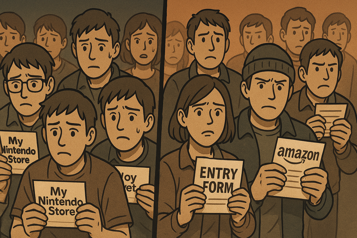 Crowds of hopeful participants holding entry tickets for different stores, their faces showing a mix of anxiety and cautious optimism, reflecting the tense competition and uncertainty of where luck will strike.