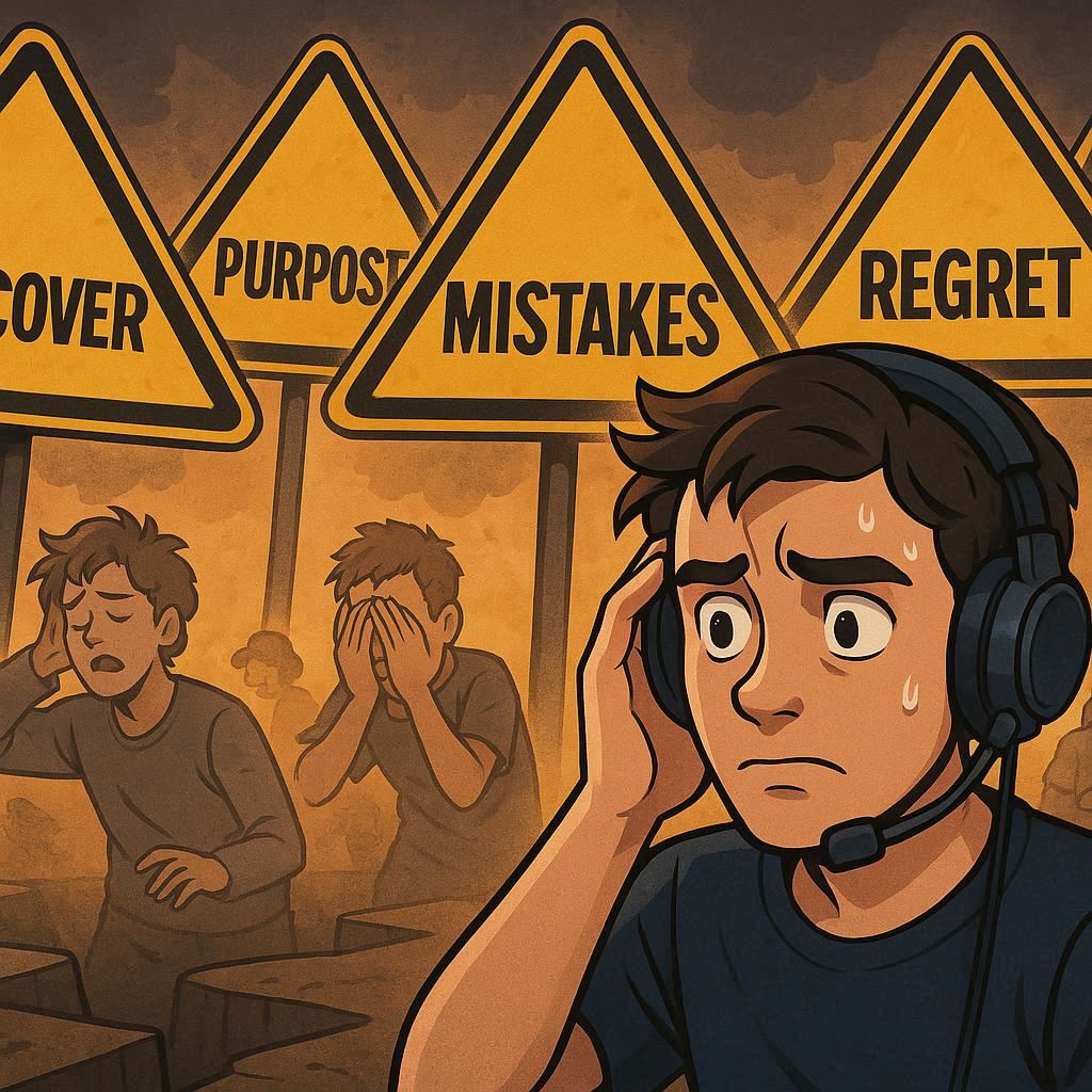 A worried gamer surrounded by warning signs and regretful faces, perfectly visualizing the fear and anxiety of making mistakes or missing out on a once-in-a-lifetime chance in the Switch2 lottery.
