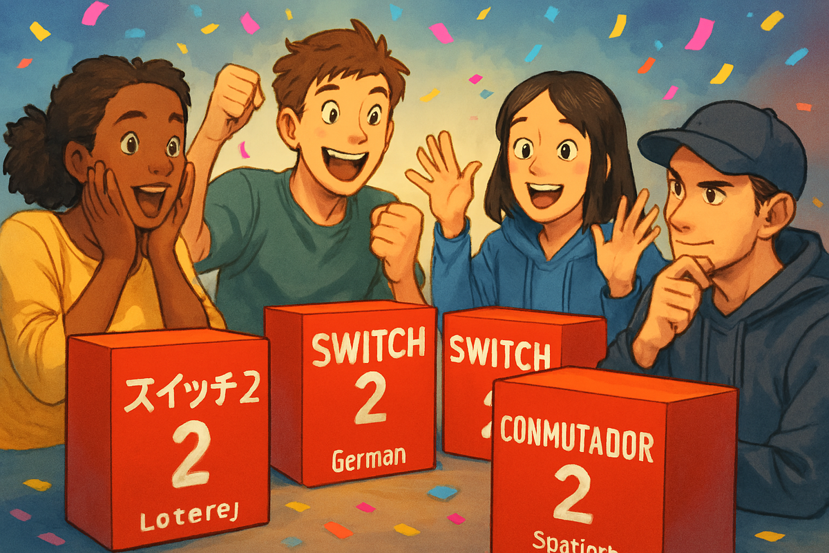 A diverse group of gamers joyfully celebrating in front of Switch2 boxes labeled in various languages, radiating hope and excitement as they discover the secret path to higher odds and unexpected victories.