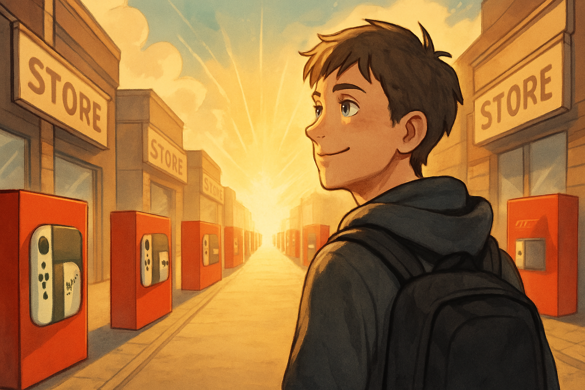 A hopeful gamer gazing towards a sunlit street lined with game stores, capturing the determination and optimism to keep searching for a Switch2 even after multiple setbacks.