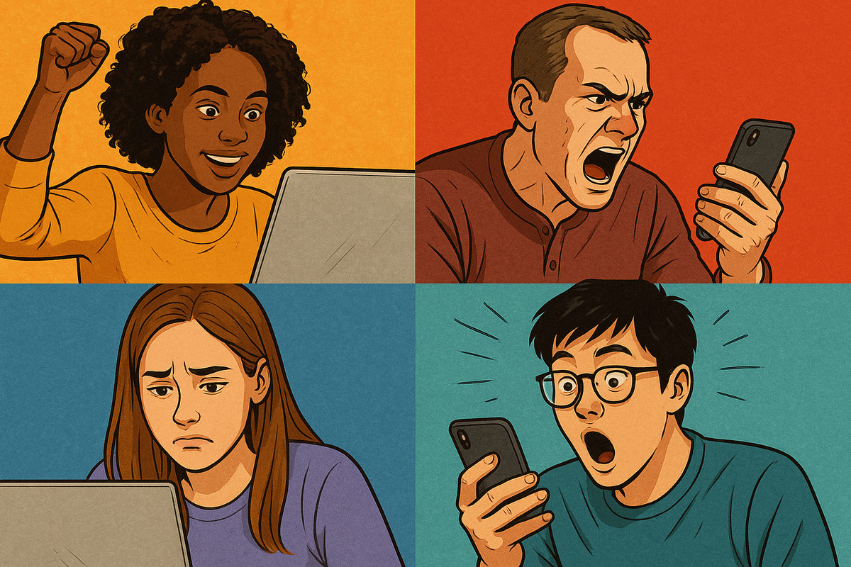 Four people expressing intense reactions—joy, anger, disappointment, and surprise—as they check Switch2 stock status online and by phone. A vivid clash of hope and despair that highlights how divided and passionate this debate has become.