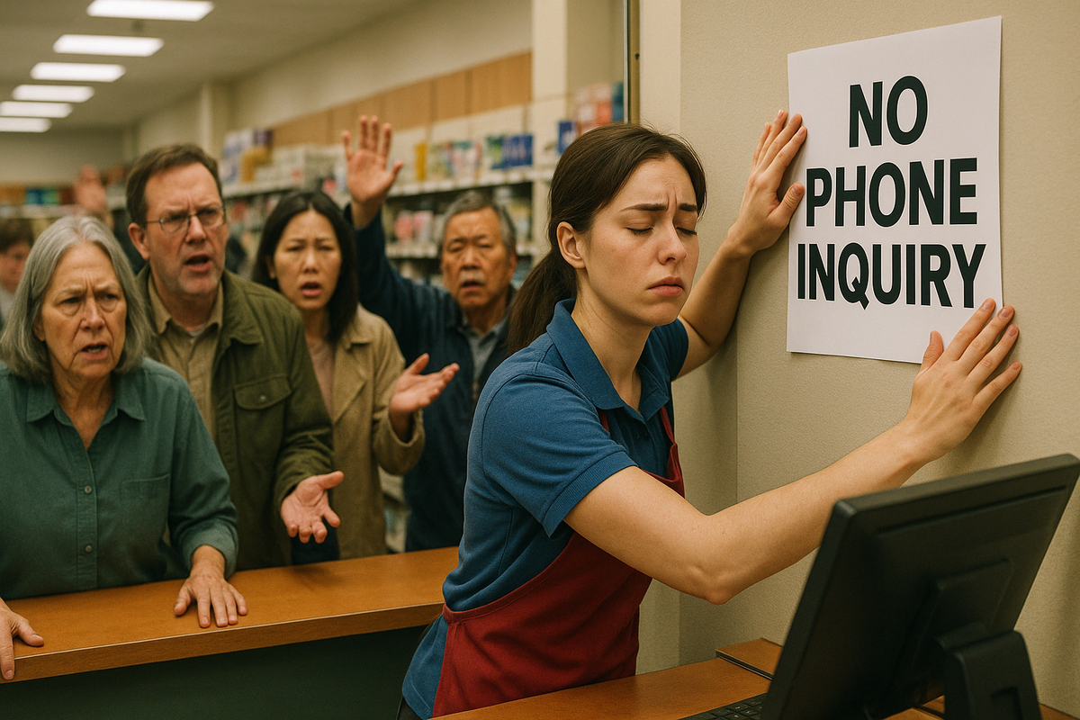 A store clerk sadly posting a “No Phone Inquiry” sign as a line of frustrated and confused customers watches on. The sense of helplessness and silent protest fills the scene, symbolizing a new era of shopping challenges.