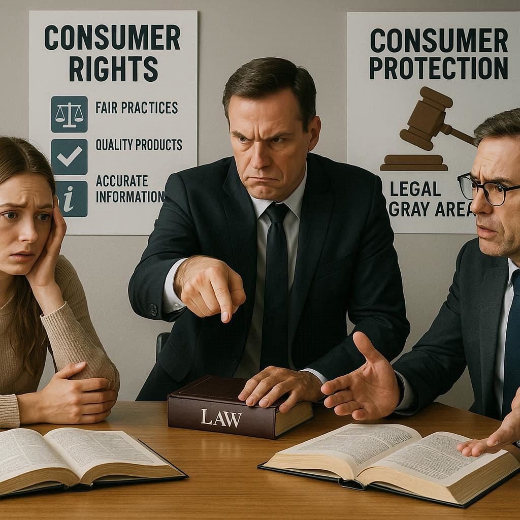 A group of serious lawyers and worried consumers debating consumer rights and legal gray areas. The intensity in their eyes speaks to the emotional stakes and societal tension surrounding phone inquiry policies in the AI era.
