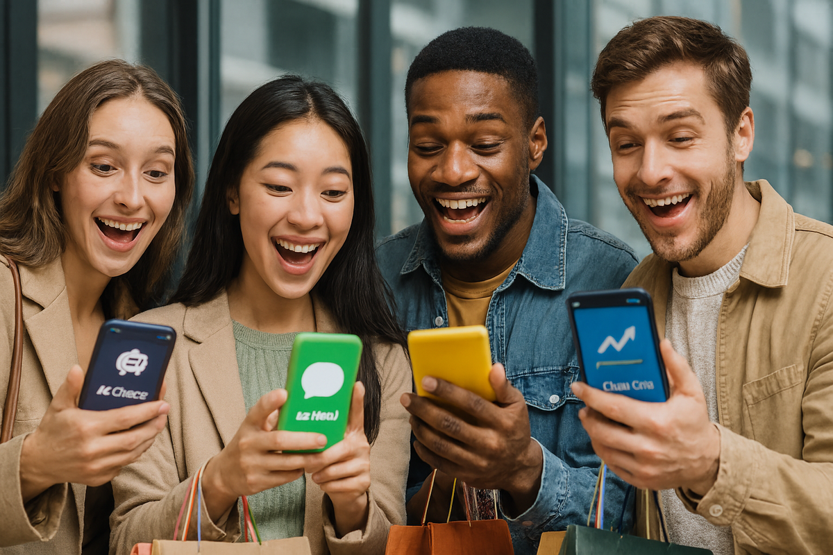 A joyful group of friends smiling with relief as they use their phones to receive real-time Switch2 stock notifications. The atmosphere is filled with optimism, hope, and the power of technology to solve modern frustrations.