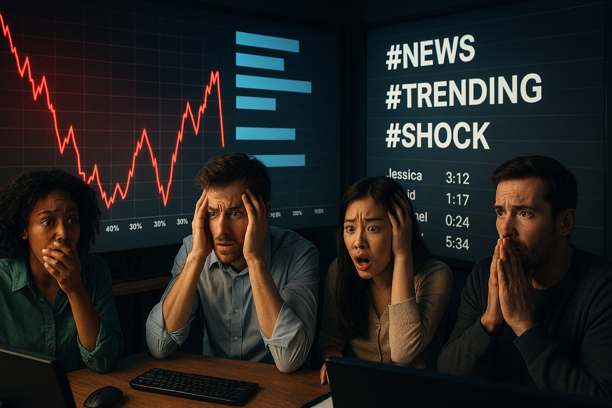 Four young people anxiously monitoring trends and data on their phones, emotions ranging from shock to deep concern as real-time stats show the volatility of Switch2 stock rumors. It’s a high-stakes game of information and hope.
