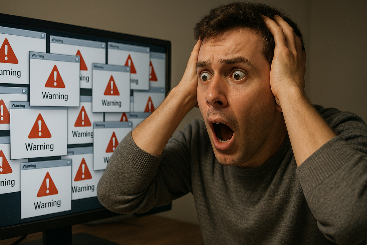 A shocked man staring at a computer screen filled with warning popups, clutching his head in disbelief. The overwhelming number of alert icons creates a sense of anxiety, chaos, and helplessness.