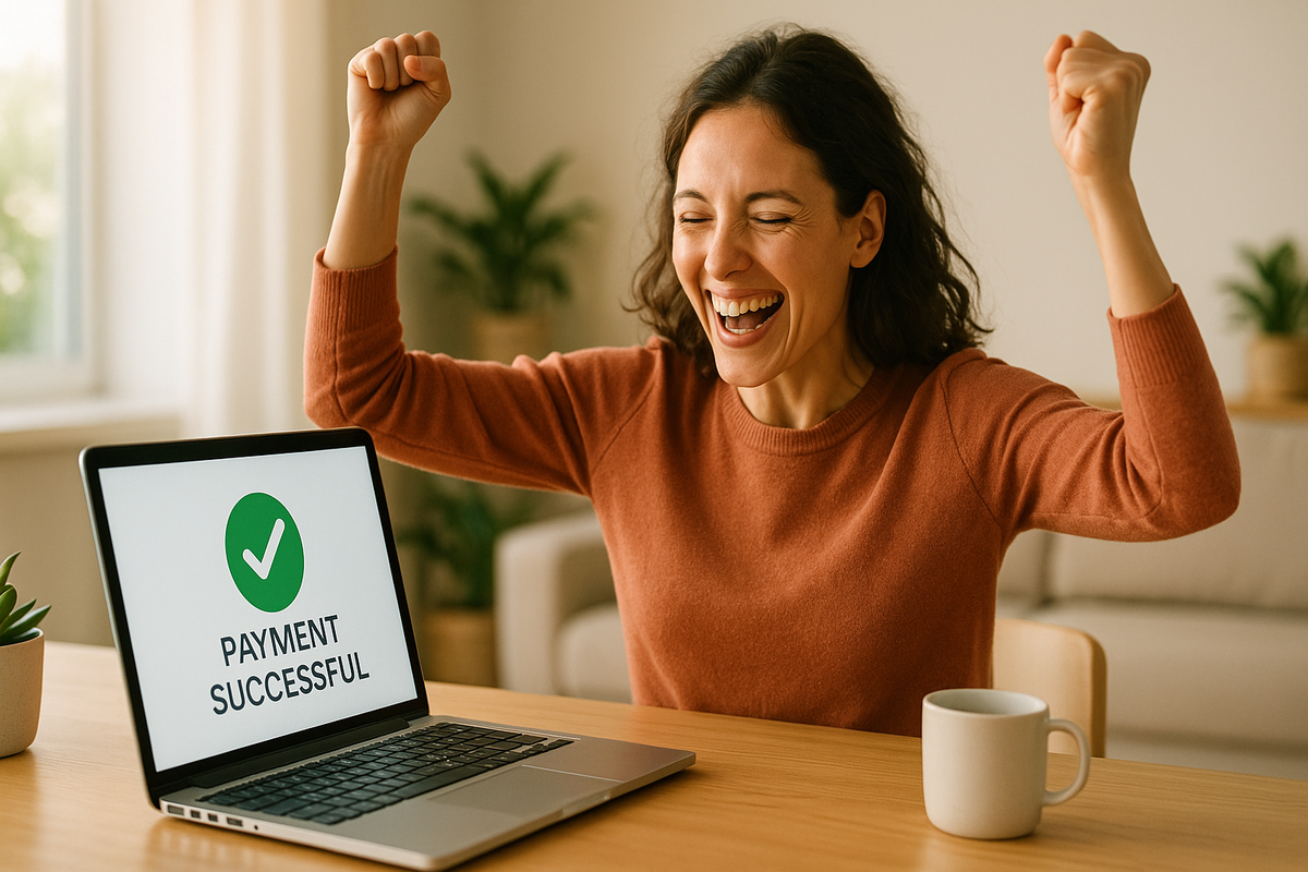 A joyful woman raising her arms in celebration after a successful online payment, with a laptop displaying 'Payment Successful.' Her bright smile and triumphant gesture radiate relief, happiness, and accomplishment.
