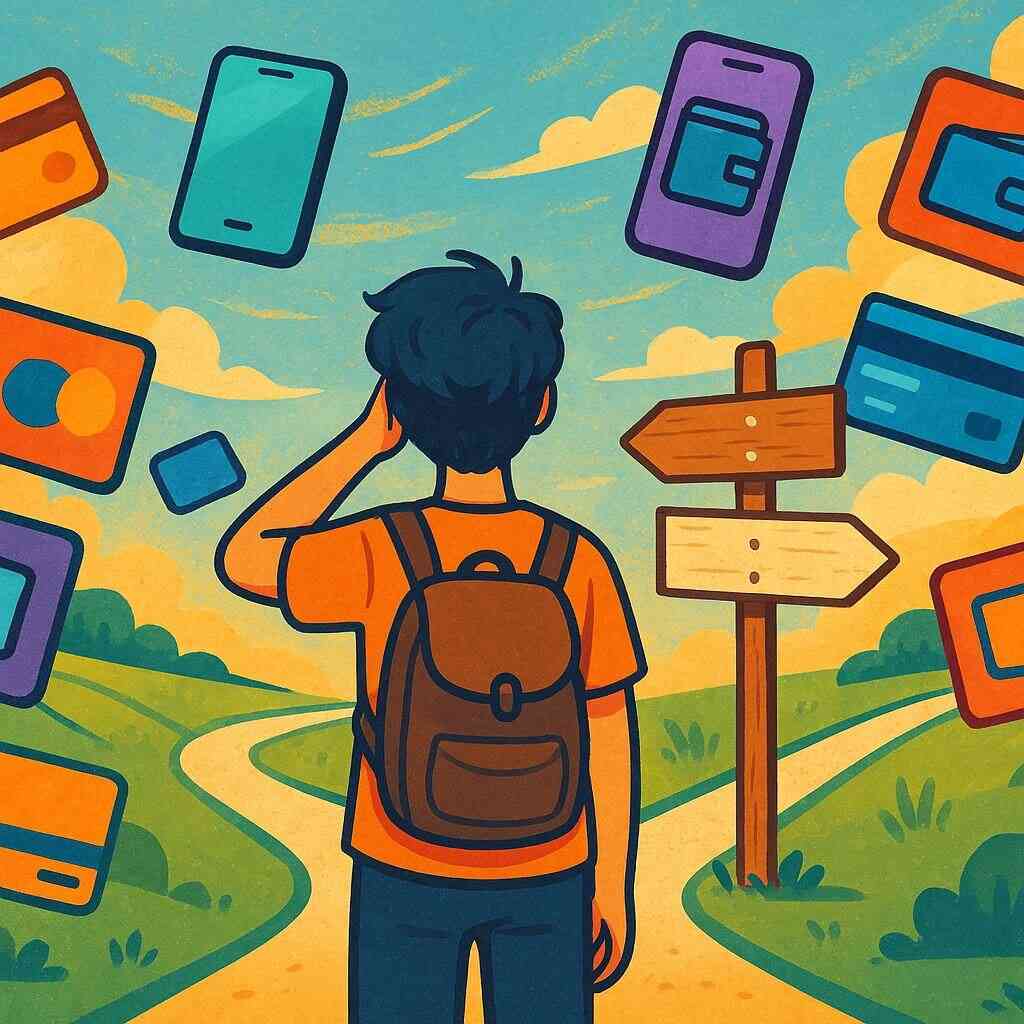 An illustrated young person stands at a crossroads, surrounded by floating payment cards and wallets, looking puzzled yet hopeful. The colorful scene captures the emotional challenge and anticipation of choosing the right payment method.