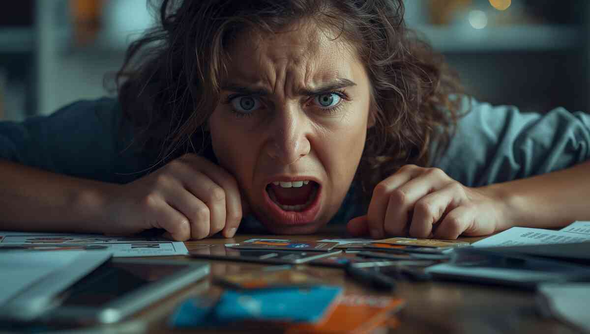 A desperate woman leans over a table cluttered with cards and paperwork, her face full of anxiety and urgency. The intense gaze and scattered items convey the emotional struggle of searching for alternative solutions under pressure.