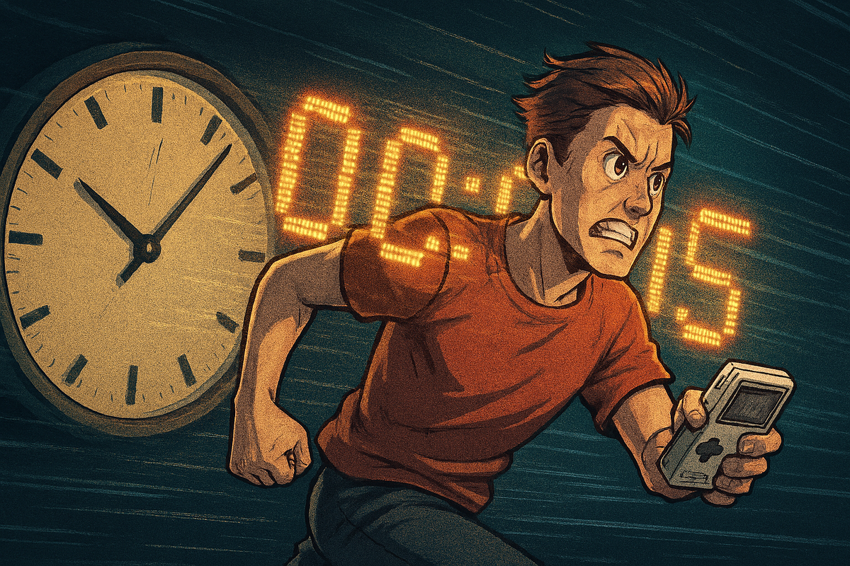 An animated scene of a determined person running with a handheld console, racing against time with a huge clock and countdown in the background. The urgency and determination in their expression evoke tension, excitement, and motivation.